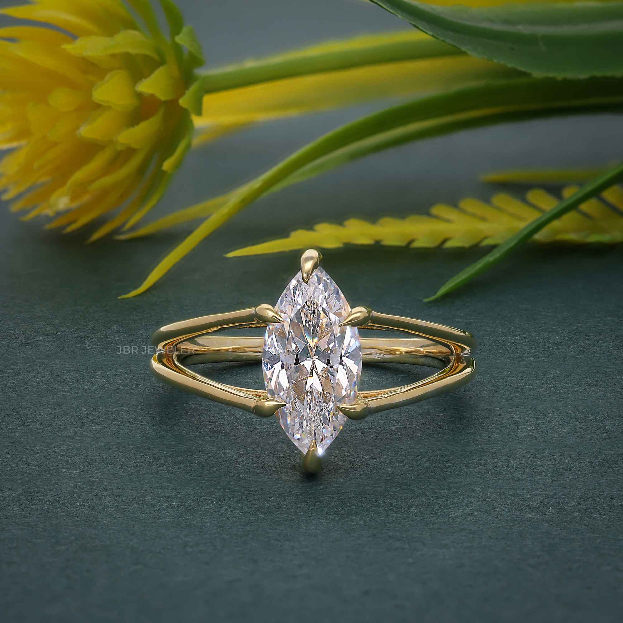 Split Band Marquise Cut Moissanite Diamond Solitaire Ring