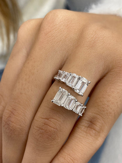 14k White Gold 2.99 Carat Emerald Cut Lab Grown Diamond Solid Wrap Around Pave Set Statement Ring