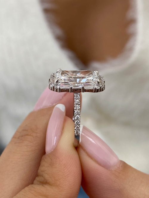 14k White Gold 4 CT IGI Radiant Cut Lab Grown Diamond Proposal Pave Band Halo Set Engagement Ring - JBR Jeweler
