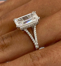 14k White Gold 6.38 Carat Emerald Cut Lab Grown Diamond Pave Set Hidden Halo Split Shank Engagement Ring