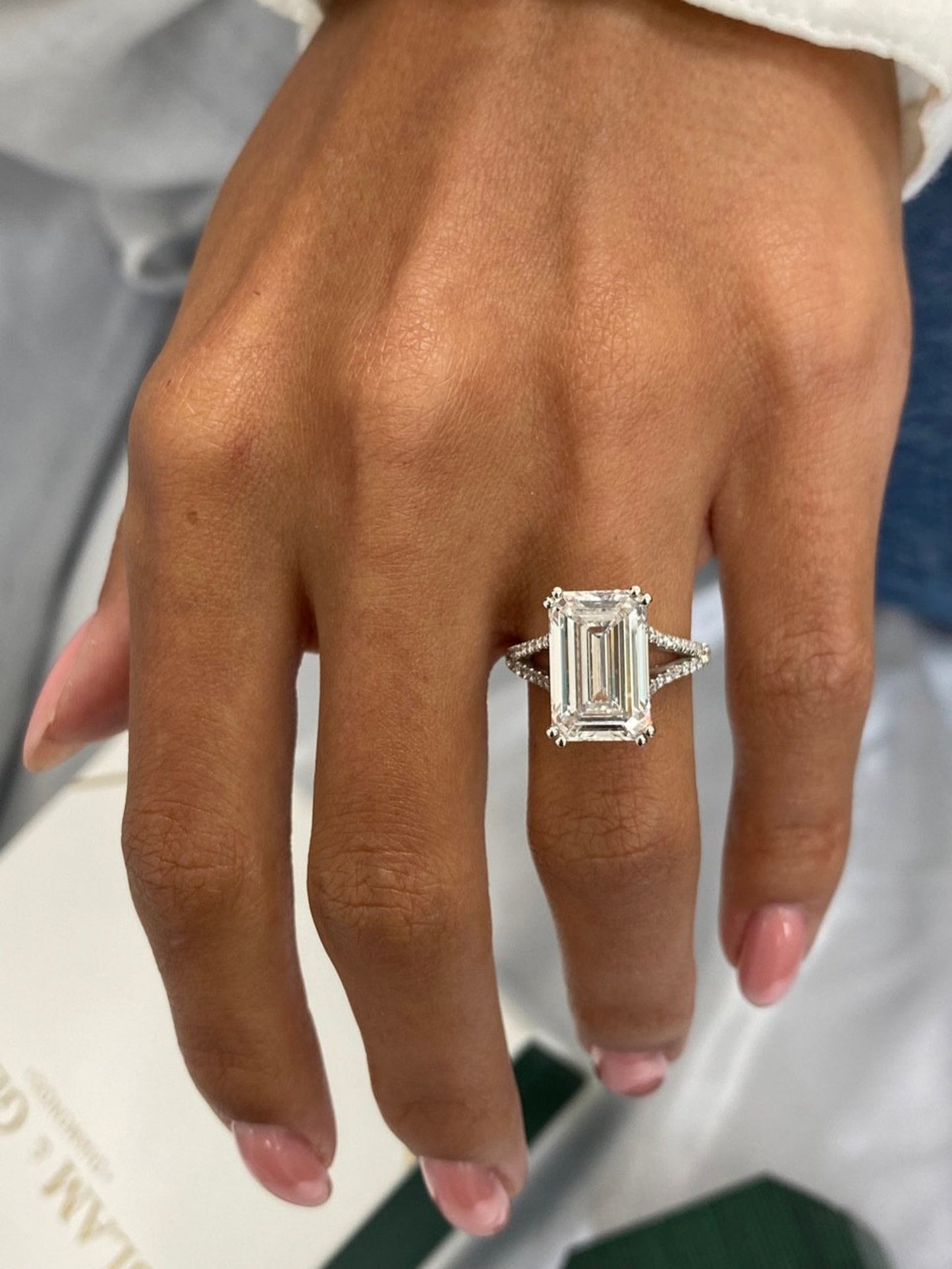 14k White Gold 6.38 Carat Emerald Cut Lab Grown Diamond Pave Set Hidden Halo Split Shank Engagement Ring