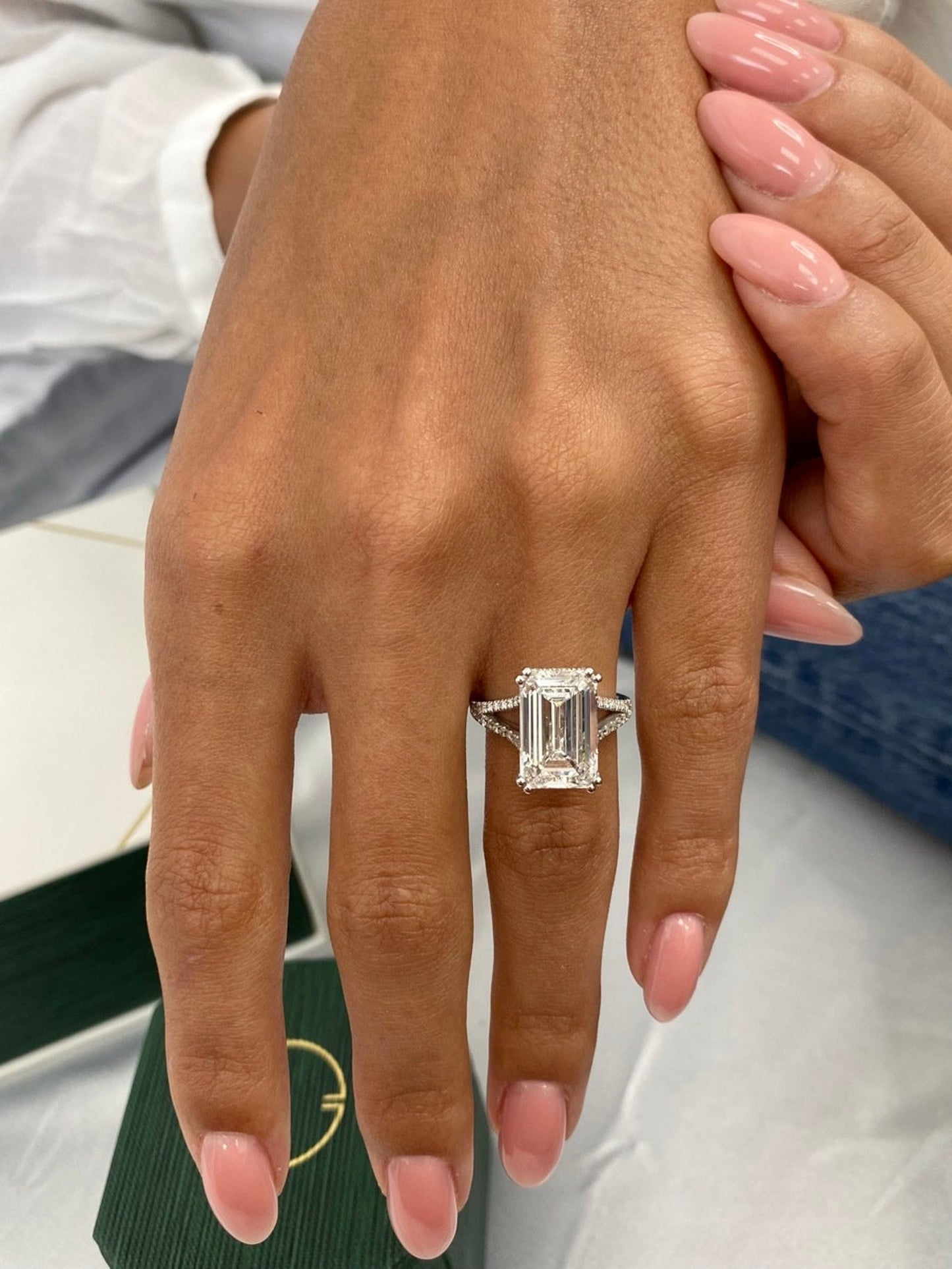 14k White Gold 6.38 Carat Emerald Cut Lab Grown Diamond Pave Set Hidden Halo Split Shank Engagement Ring