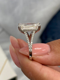 14k White Gold 6.38 Carat Emerald Cut Lab Grown Diamond Pave Set Hidden Halo Split Shank Engagement Ring