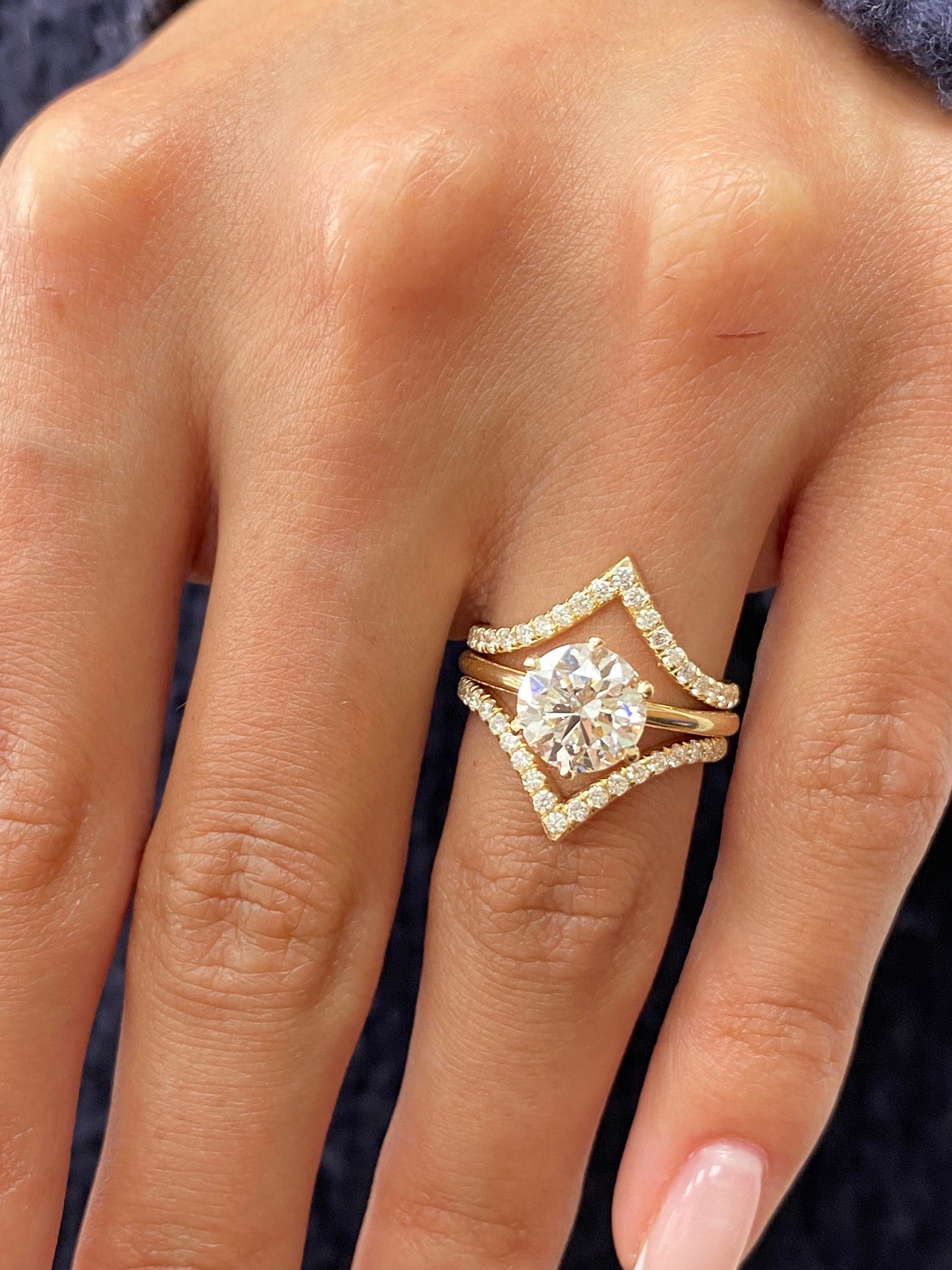 14k Yellow Gold 2.50 Carat Round Cut Lab Grown Diamond Solitaire Engagement Ring Matching Pave Band, V Style Wedding Ring Set - JBR Jeweler