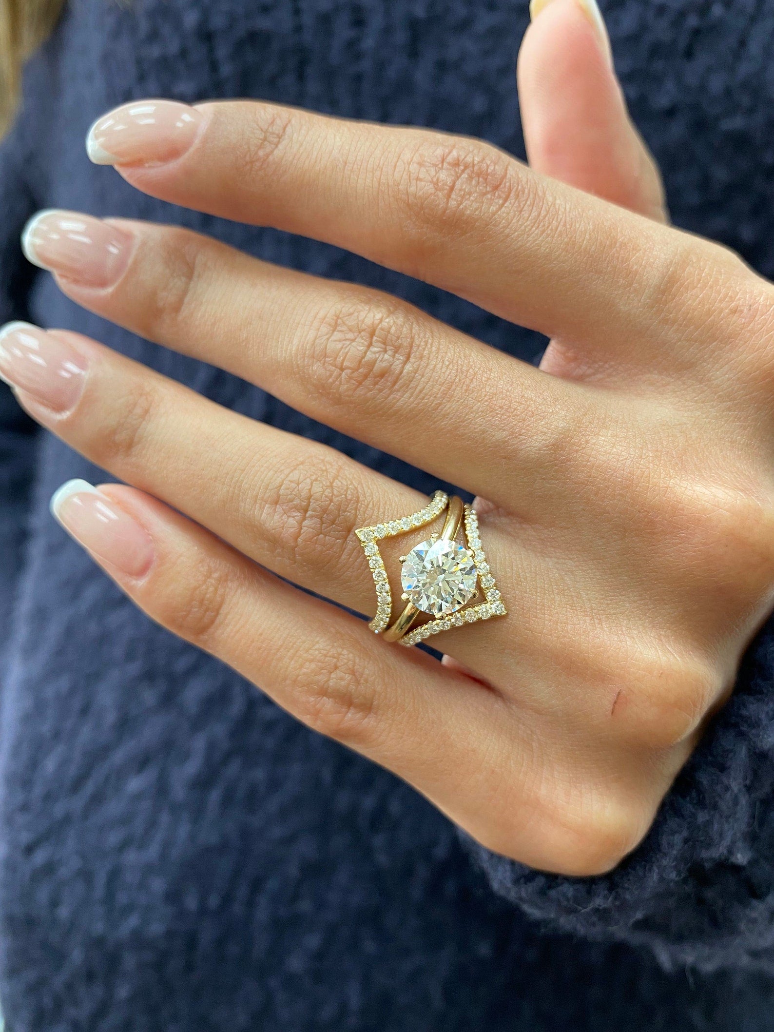 14k Yellow Gold 2.50 Carat Round Cut Lab Grown Diamond Solitaire Engagement Ring Matching Pave Band, V Style Wedding Ring Set - JBR Jeweler