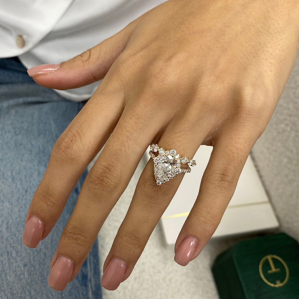 14k Yellow Gold Pear Cut 3.39 Ct Lab Grown Diamond Halo Bridal Set Engagement Ring Half Eternity Band - JBR Jeweler