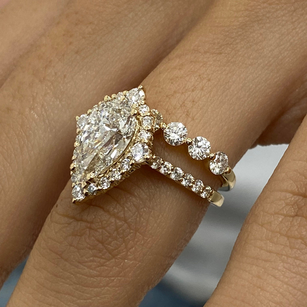 14k Yellow Gold Pear Cut 3.39 Ct Lab Grown Diamond Halo Bridal Set Engagement Ring Half Eternity Band - JBR Jeweler