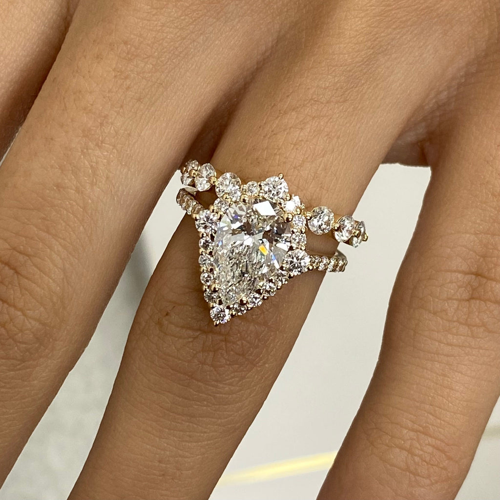 14k Yellow Gold Pear Cut 3.39 Ct Lab Grown Diamond Halo Bridal Set Engagement Ring Half Eternity Band - JBR Jeweler