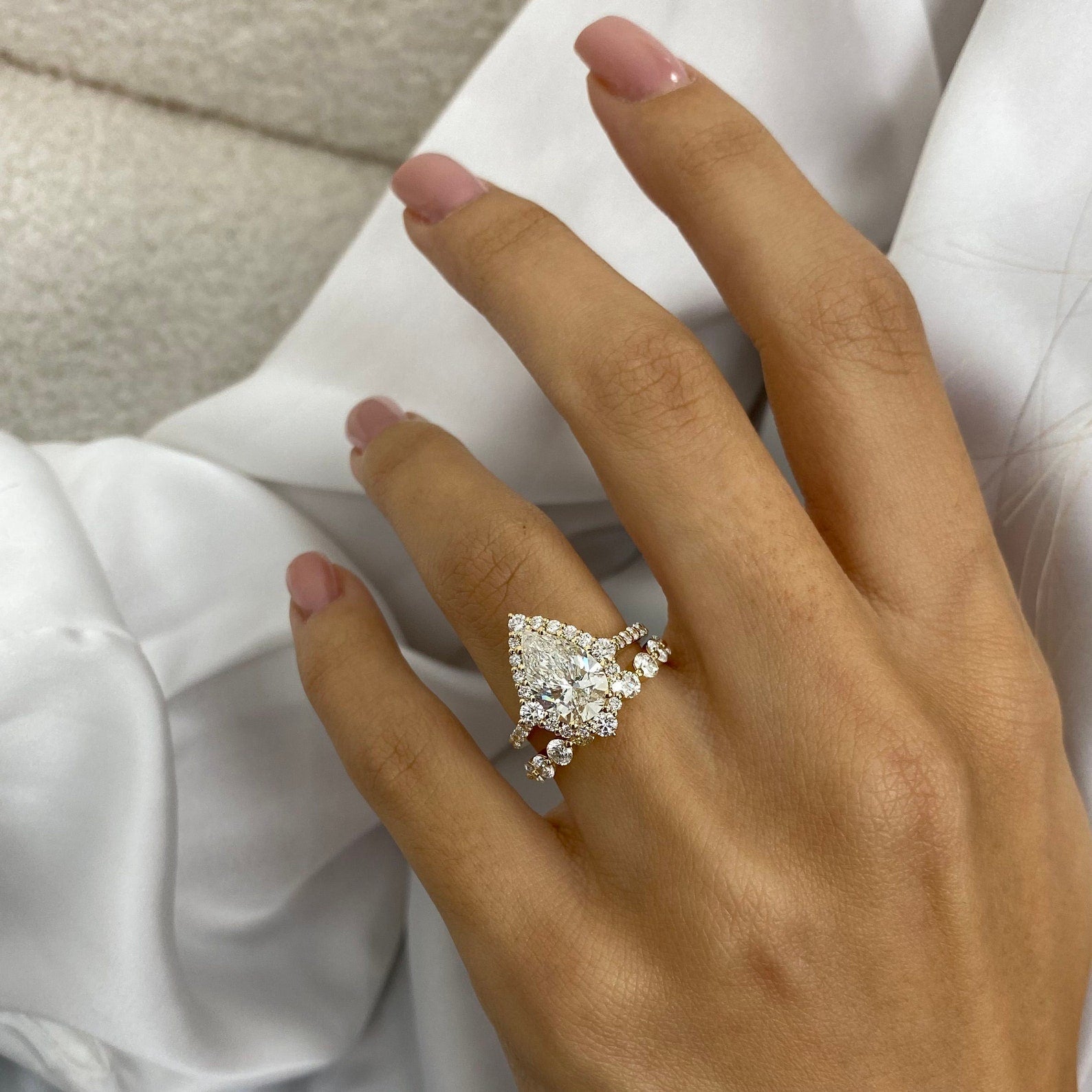 14k Yellow Gold Pear Cut 3.39 Ct Lab Grown Diamond Halo Bridal Set Engagement Ring Half Eternity Band - JBR Jeweler