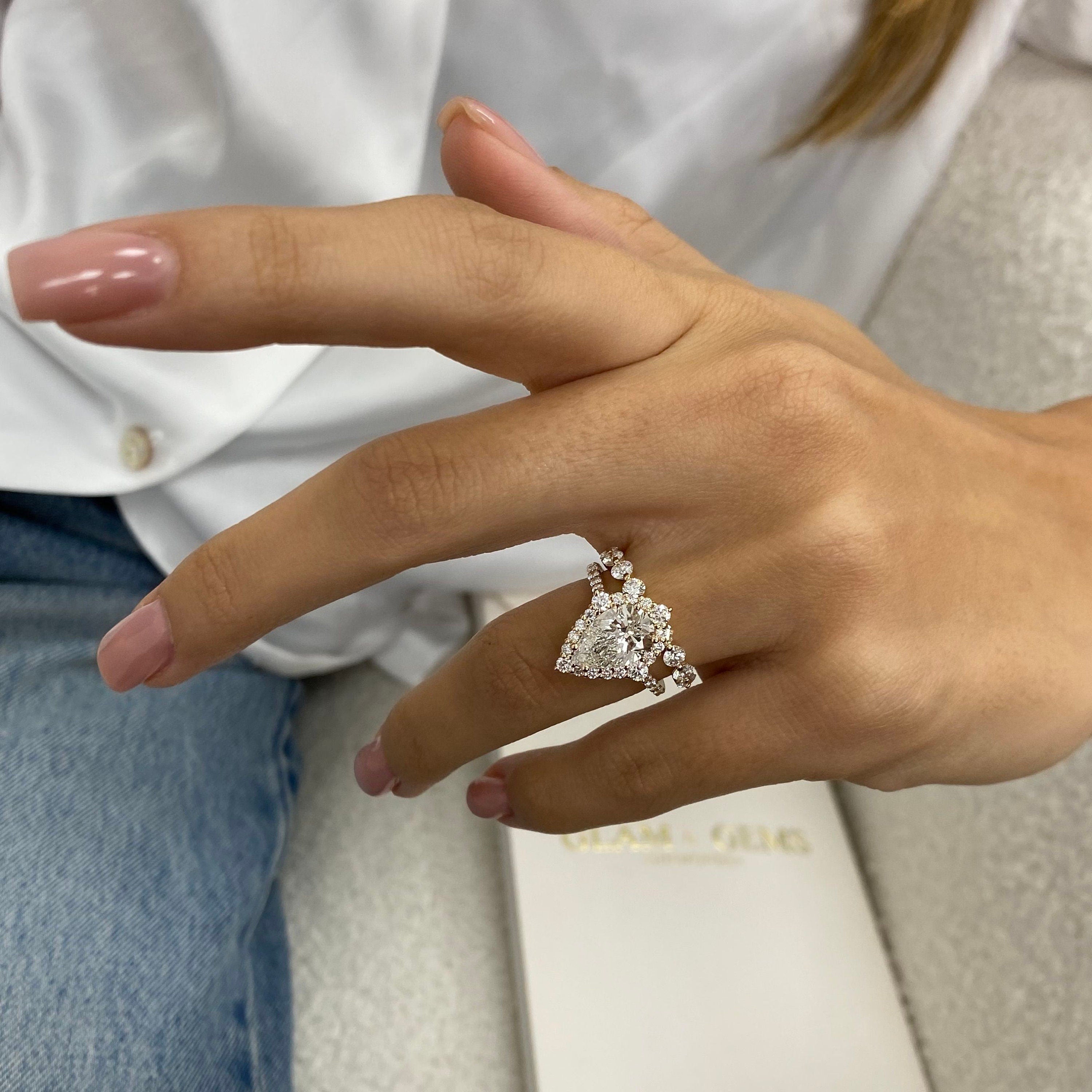 14k Yellow Gold Pear Cut 3.39 Ct Lab Grown Diamond Halo Bridal Set Engagement Ring Half Eternity Band - JBR Jeweler