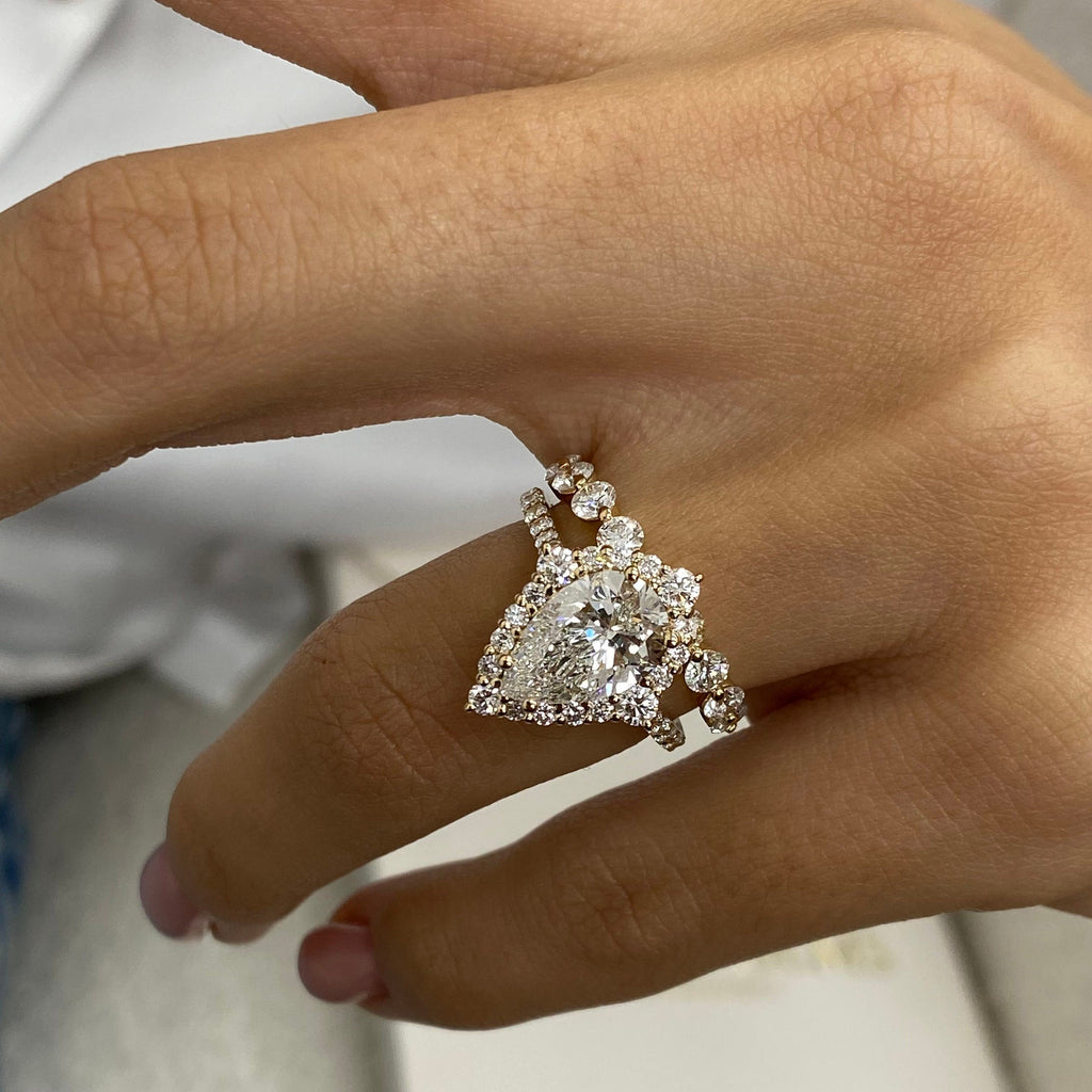 14k Yellow Gold Pear Cut 3.39 Ct Lab Grown Diamond Halo Bridal Set Engagement Ring Half Eternity Band - JBR Jeweler