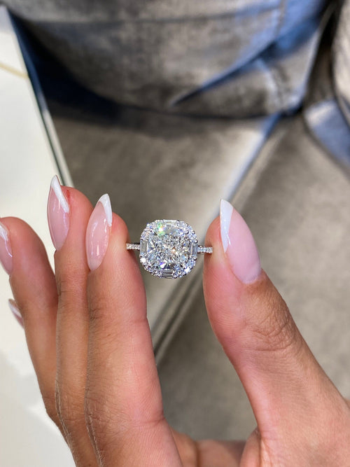 Cushion Cut Halo Ring with Baguette Side Stones