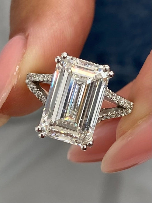 6.38 CT Emerald Cut Lab Diamond Split Shank Engagement Ring