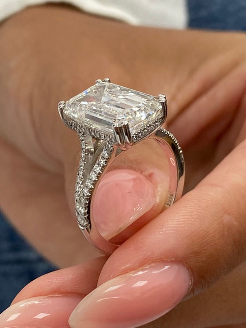 14k White Gold Emerald Cut Lab Diamond Split Shank Ring 6.38 CT