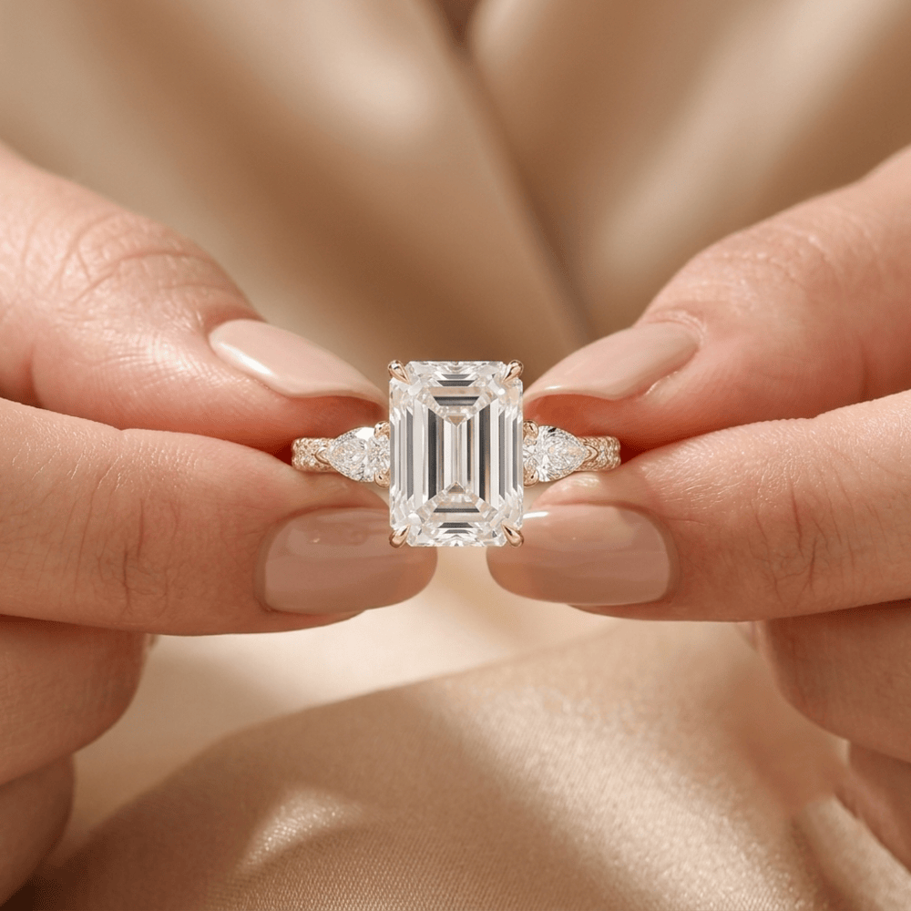 Emerald cut lab diamond pavé engagement ring in 14K gold