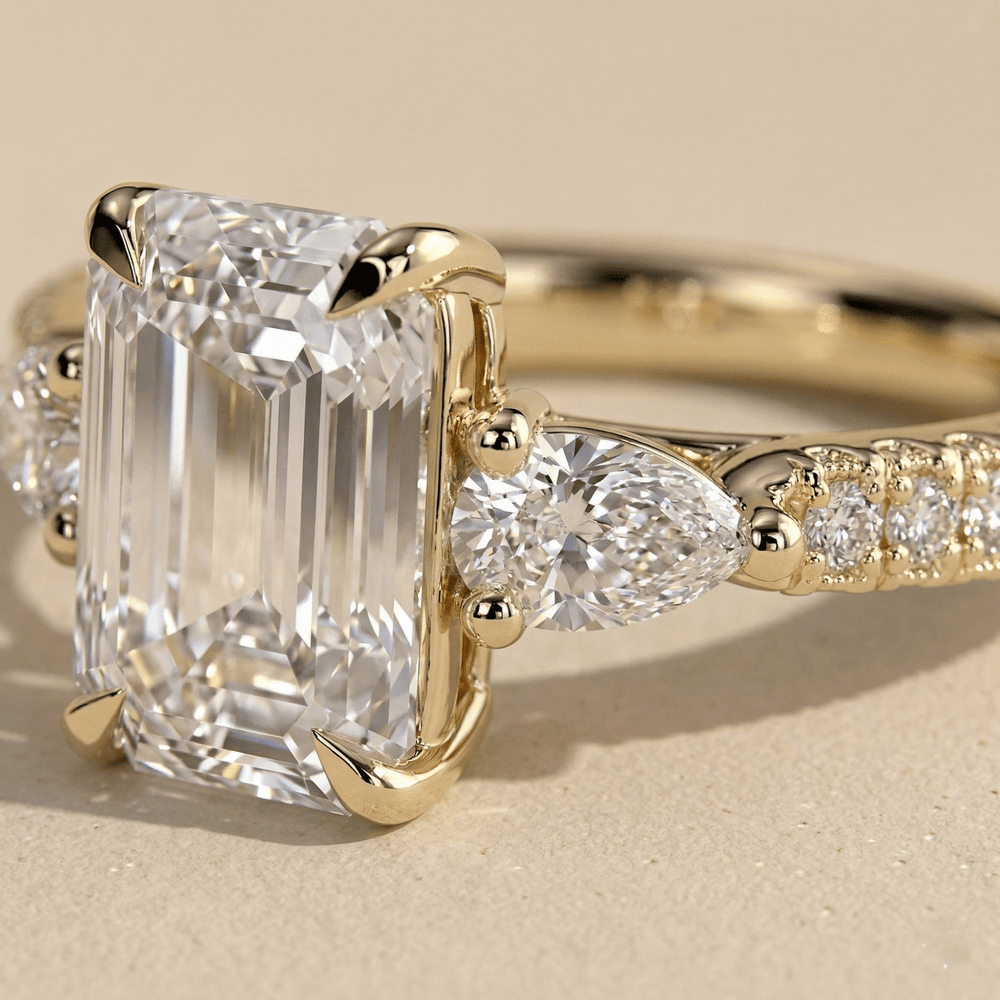 Three stone emerald lab diamond ring for women