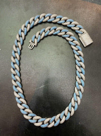 14MM White & Blue Round Moissanite Diamond Miami Cuban Link Chain in 925 Silver - JBR Jeweler