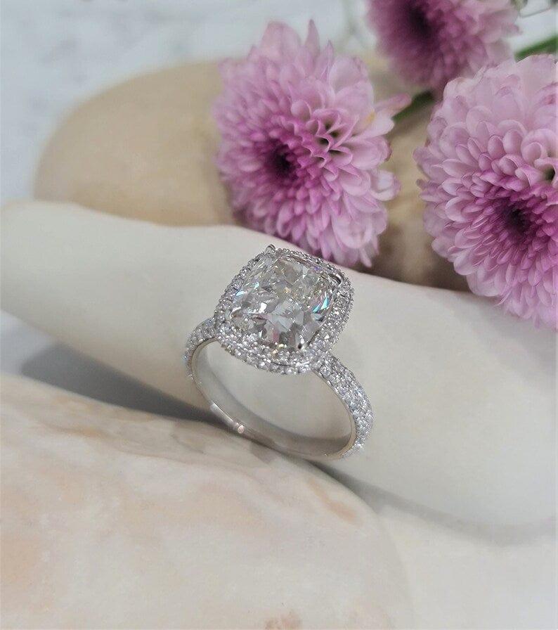 3 Carat Lab Created Cushion Diamond Delicate Halo Engagement Ring