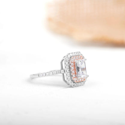 1CT Emerald Cut Lab-Grown Diamond Two Tone Halo Engagement Ring - JBR Jeweler