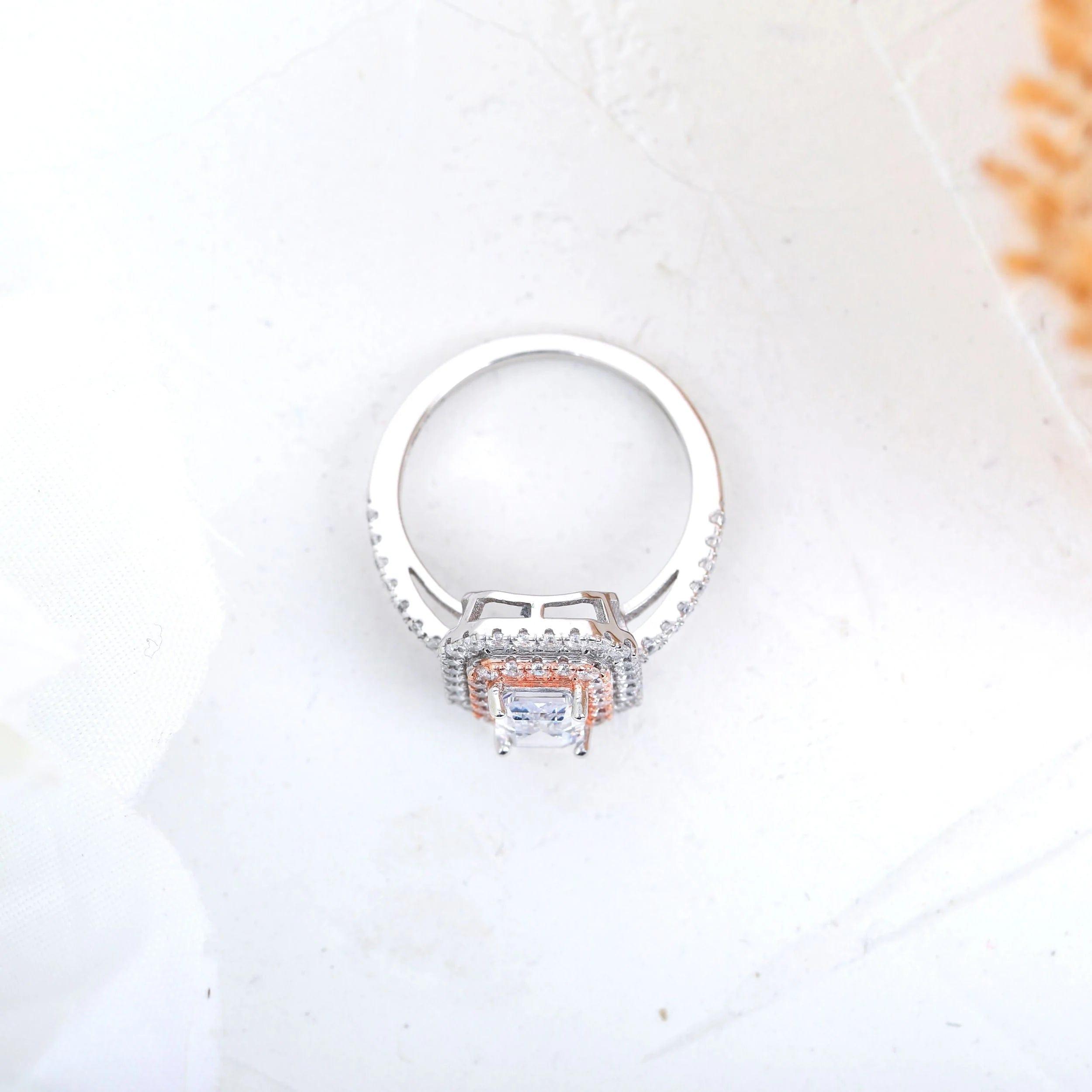 1CT Emerald Cut Lab-Grown Diamond Two Tone Halo Engagement Ring - JBR Jeweler