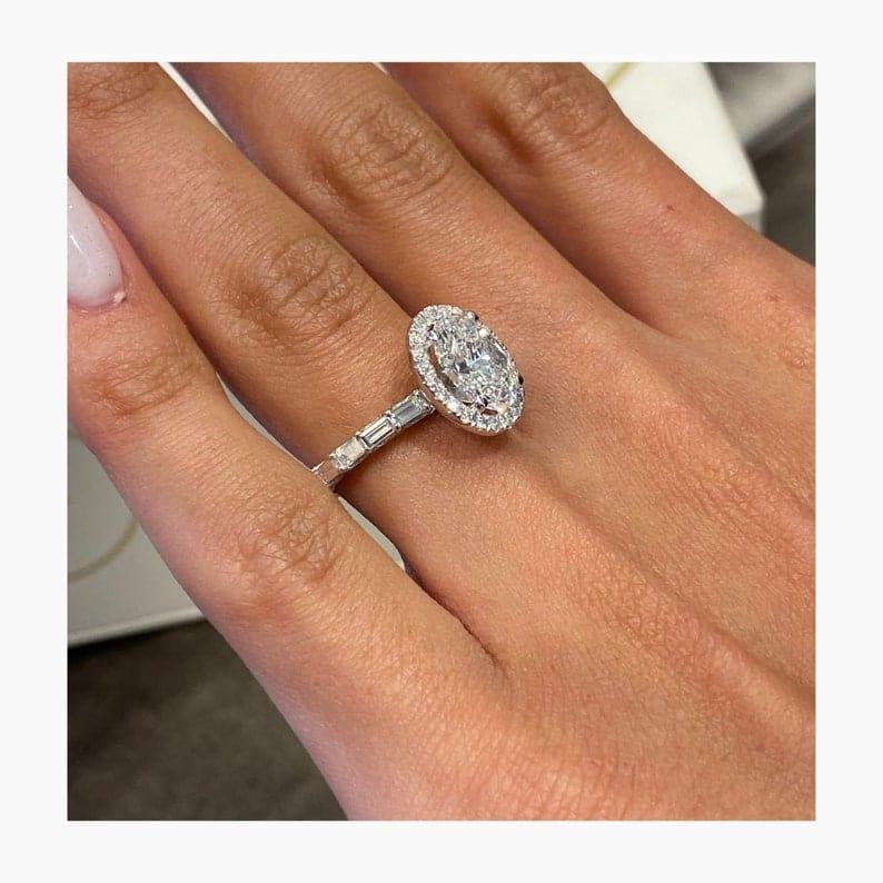 1Ct Oval Shaped Lab Grown-CVD Diamond Baguette Shank Engagement Ring - JBR Jeweler