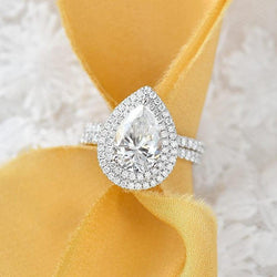 1CT Pear Cut Lab-Grown Diamond Double Halo Bridal Set Ring (2Pcs) - JBR Jeweler