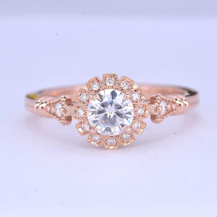 1CT Rose Gold Vintage Halo Round Cut Moissanite Engagement Ring - JBR Jeweler