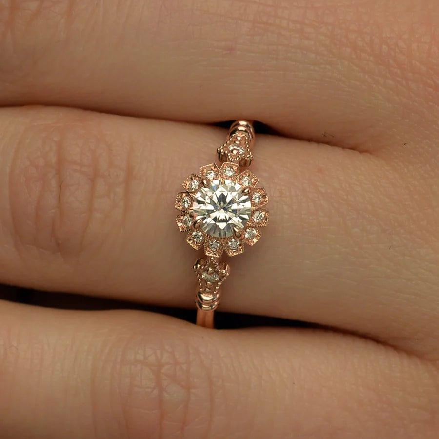 1CT Rose Gold Vintage Halo Round Cut Moissanite Engagement Ring - JBR Jeweler