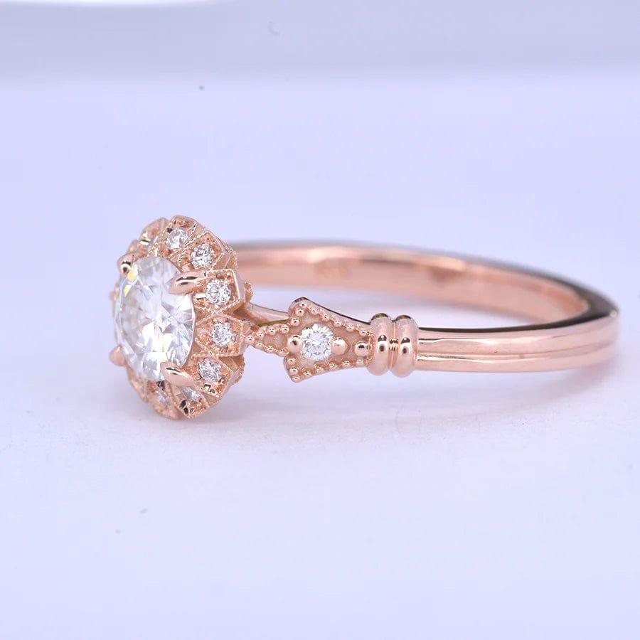 1CT Rose Gold Vintage Halo Round Cut Moissanite Engagement Ring - JBR Jeweler