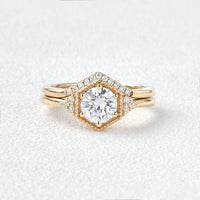 1CT Round Cut Lab Grown Diamond Hexagon Style Bridal Ring Set with Band (2PCS) - JBR Jeweler