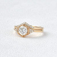 1CT Round Cut Lab Grown Diamond Hexagon Style Bridal Ring Set with Band (2PCS) - JBR Jeweler