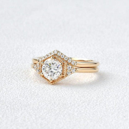 1CT Round Cut Lab Grown Diamond Hexagon Style Bridal Ring Set with Band (2PCS) - JBR Jeweler