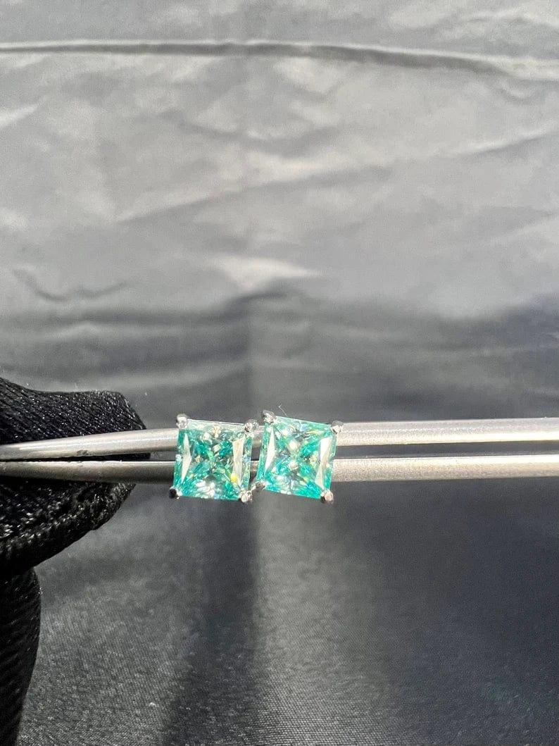 2.00 TCW Princess Cut Green Moissanite Stud Earring - JBR Jeweler