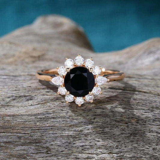 2.00CT Black Vintage Halo Floral Ring Rose Gold Cluster Moissanite Engagement Ring - JBR Jeweler
