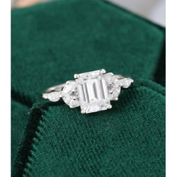 2.00CT Emerald Cut White Gold Marquise Diamond Cluster Moissanite Engagement Ring - JBR Jeweler