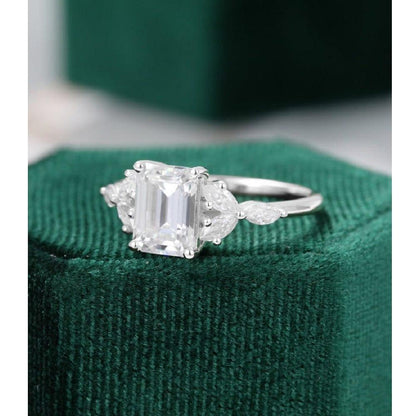 2.00CT Emerald Cut White Gold Marquise Diamond Cluster Moissanite Engagement Ring - JBR Jeweler