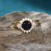 2.00CT Floral Halo Black Round Cut Moissanite Yellow Gold Cluster Moissanite Promise Ring - JBR Jeweler