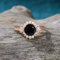 2.00CT Floral Halo Black Round Cut Moissanite Yellow Gold Cluster Moissanite Promise Ring - JBR Jeweler