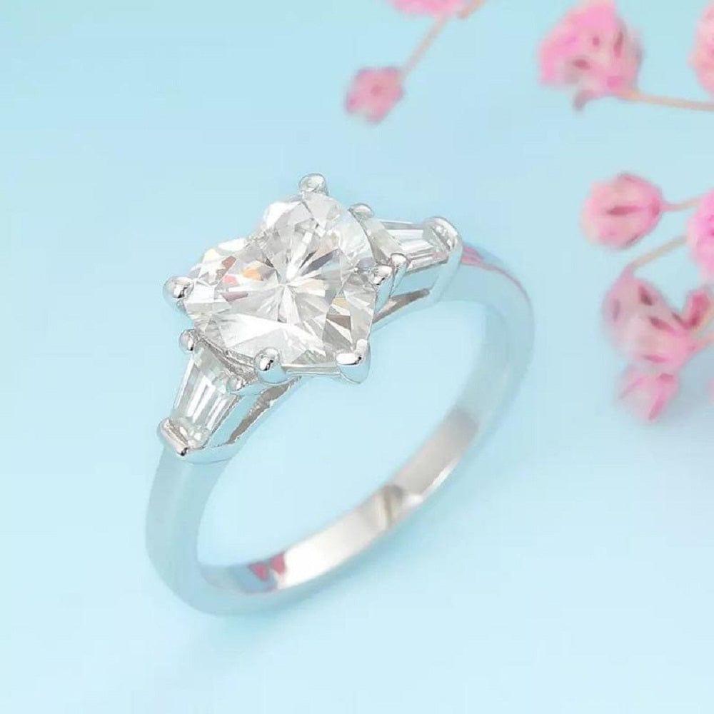 2.00CT Heart Shaped 3 Stone Tapered Moissanite Engagement Anniversary Ring - JBR Jeweler