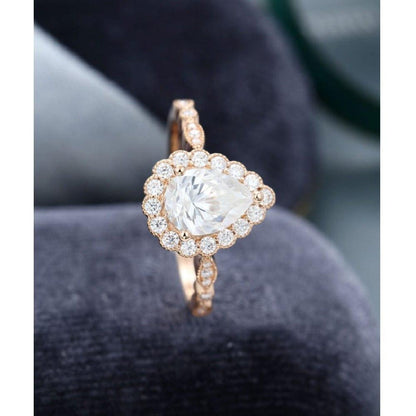 2.00Ct Pear Cut Rose Gold Milgrain Halo Vintage Promise Moissanite Engagement Ring - JBR Jeweler