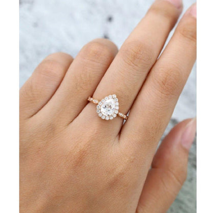 2.00Ct Pear Cut Rose Gold Milgrain Halo Vintage Promise Moissanite Engagement Ring - JBR Jeweler