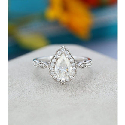 2.00CT Pear Cut White Gold Milgrain Vintage Women Halo Moissanite Engagement Ring - JBR Jeweler