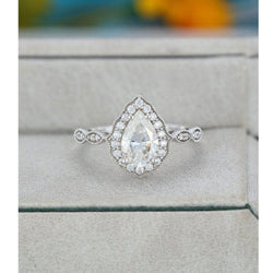 2.00CT Pear Cut White Gold Milgrain Vintage Women Halo Moissanite Engagement Ring - JBR Jeweler