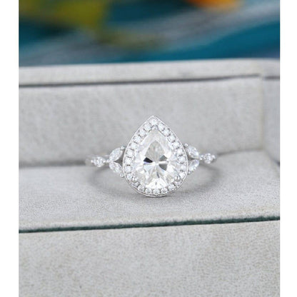 2.00CT Pear Cut Woodgrain Band White Gold Halo Set Moissanite Engagement Ring - JBR Jeweler