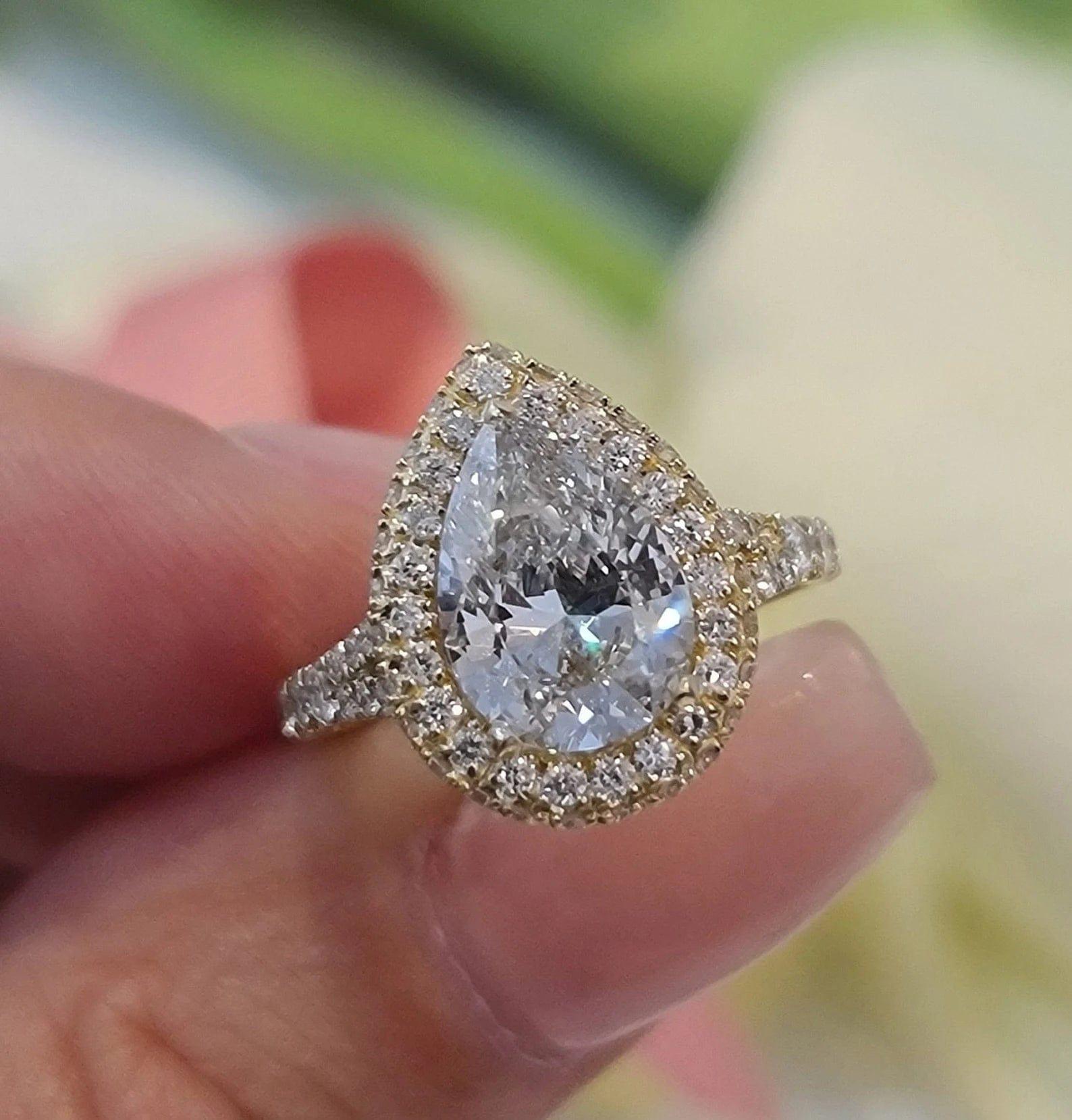 2.00Ct Pear Shaped Halo Promise Moissanite Diamond Engagement Ring - JBR Jeweler