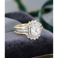 2.0CT Cushion Cut Unique Art Deco Halo Curved Opal Moissanite Engagement Ring Bridal Set - JBR Jeweler