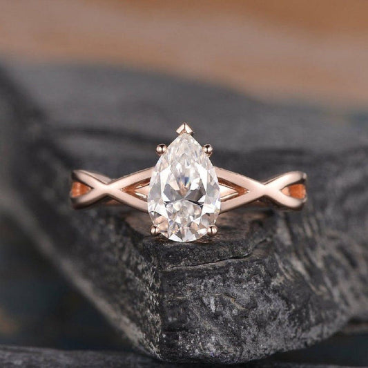 2.0CT Pear Shaped Rose Gold Solitaire Intertwined Moissanite Engagement Ring - JBR Jeweler