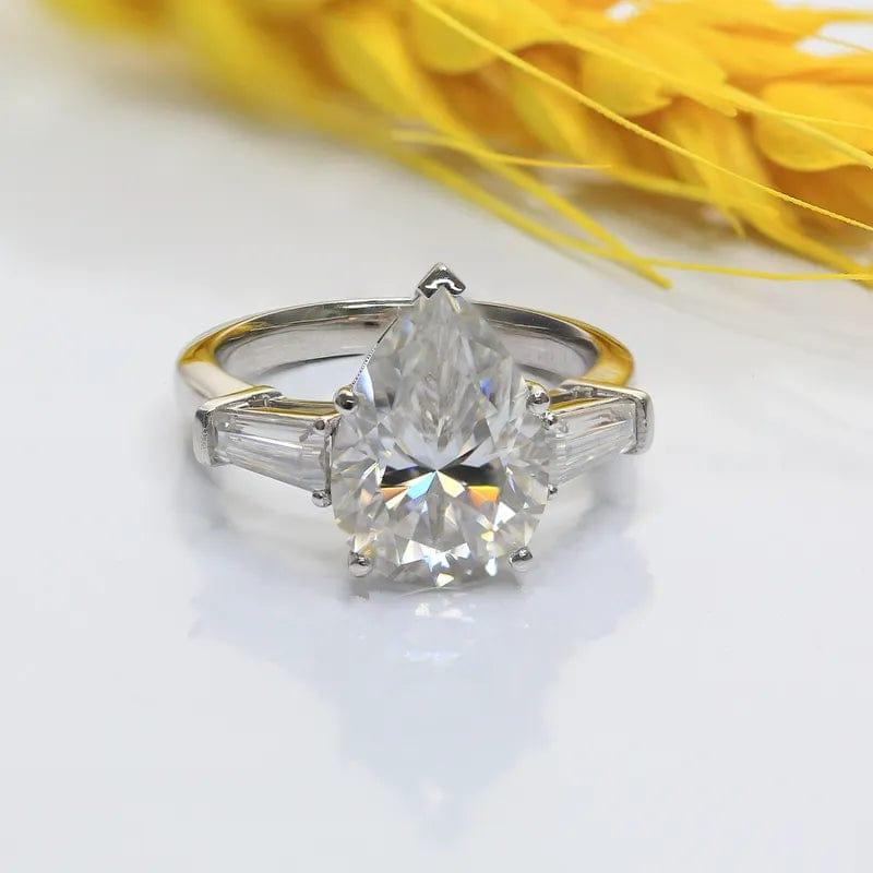 2.10CT Pear Cut Side Baguette Three Stone Moissanite Engagement Ring - JBR Jeweler