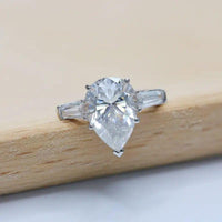 2.10CT Pear Cut Side Baguette Three Stone Moissanite Engagement Ring - JBR Jeweler