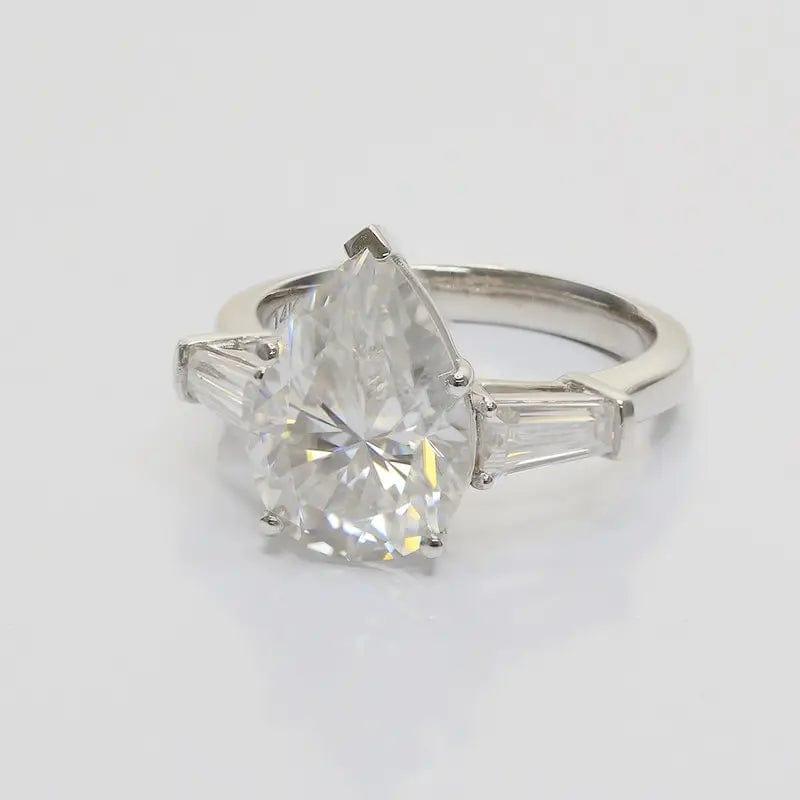 2.10CT Pear Cut Side Baguette Three Stone Moissanite Engagement Ring - JBR Jeweler